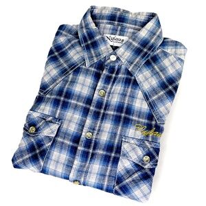 Nylaus Clothing "Hearts on Fire" Western Blue Plaid Vintage Shirt from Japan